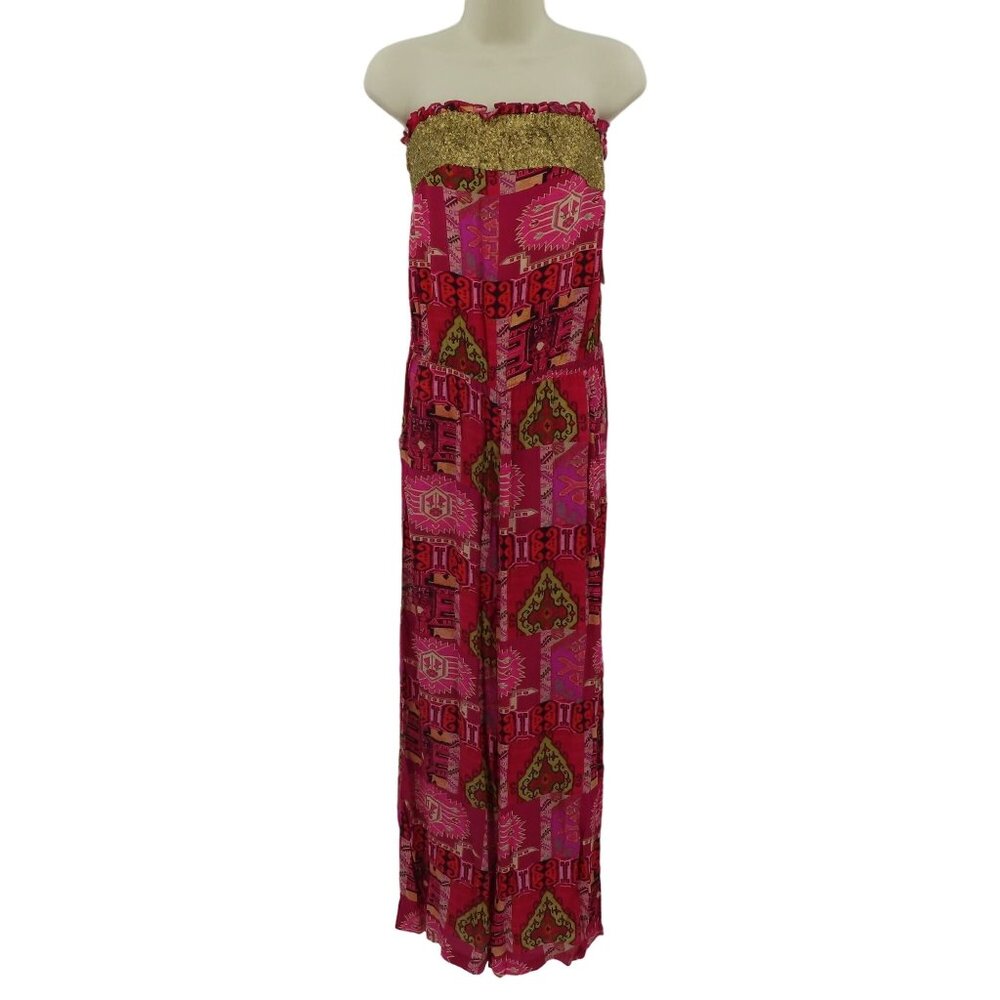 Benares Women Medium Silk Gold Sequin Pink Ikat Strapless Jumpsuit Pockets NEW